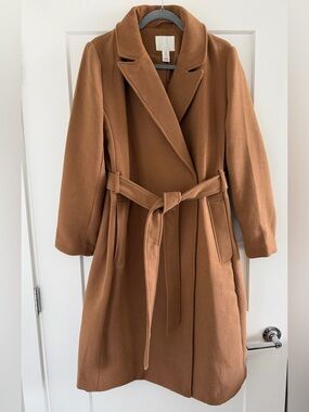 H&M Camel Brown Belted Wool-Blend Pea Coat